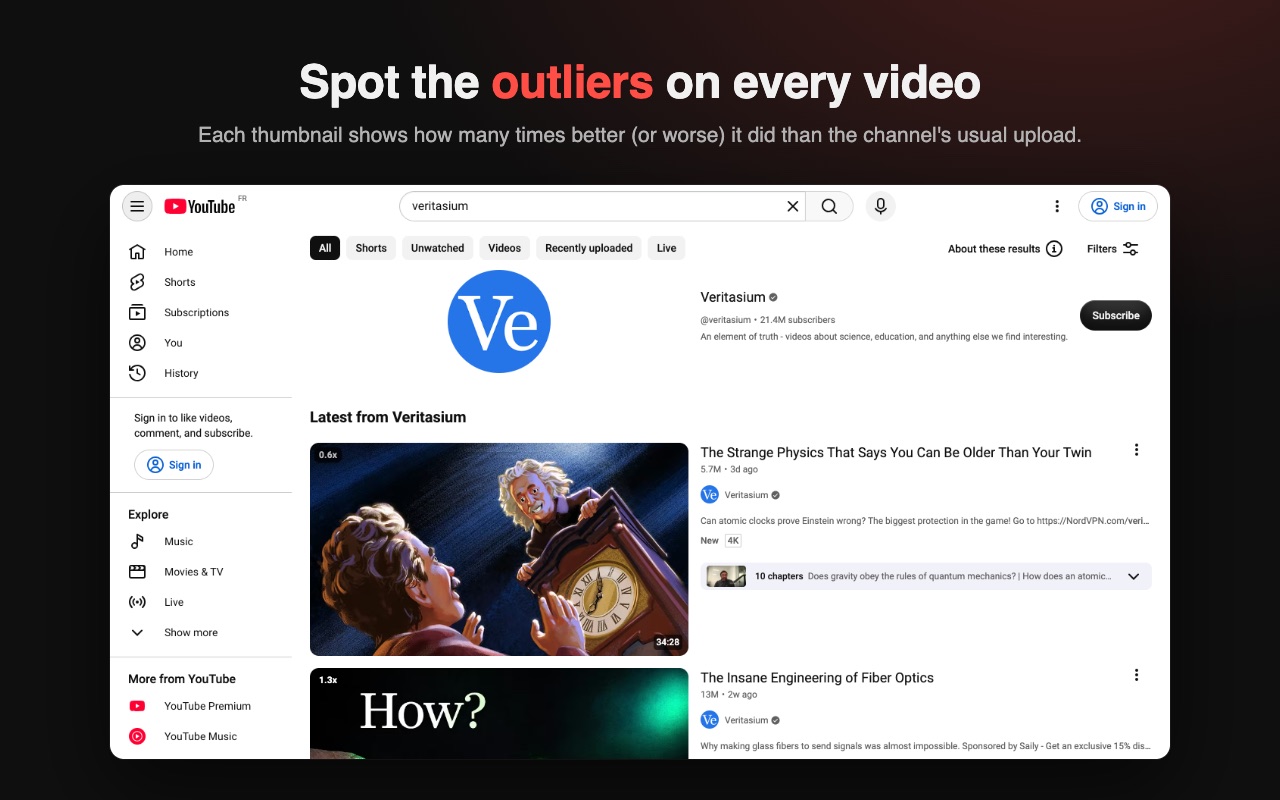 Outlier score badges on YouTube search results